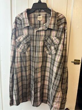 BKE Gray Plaid Button-Down Shirt with Red Stripes